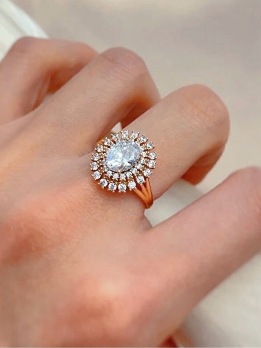 New Vintage Style Cocktail Ring Sz 8 14K Plated Oval Solitaire CZ Retro Romantic